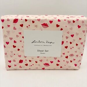 London Kaye Queen Sheet Set Pink Red Hearts Lips Bows 4 Piece Romantic Bedding